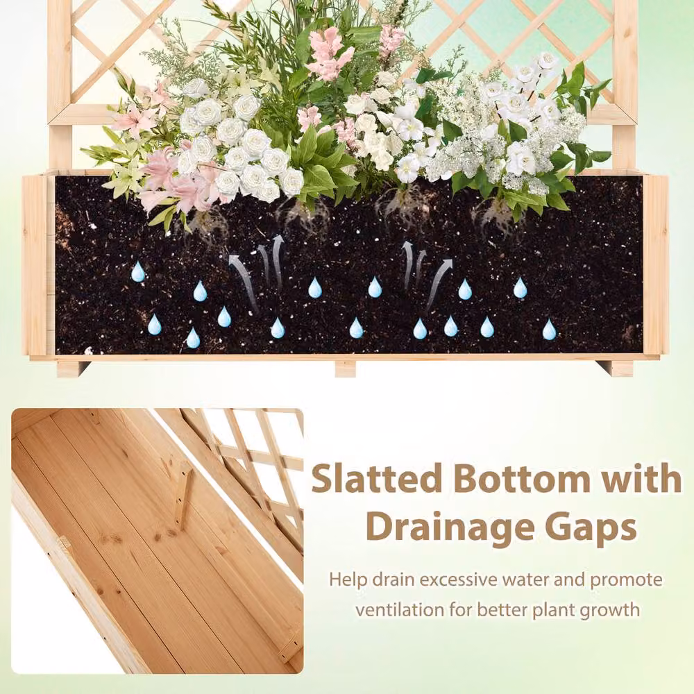 Costway Wooden Raised Garden Bed with Lattice Trellis for Vegetables and Climbers, Sand/Beige, W: 104 cm, D: 34 cm, H: 34 cm – 5