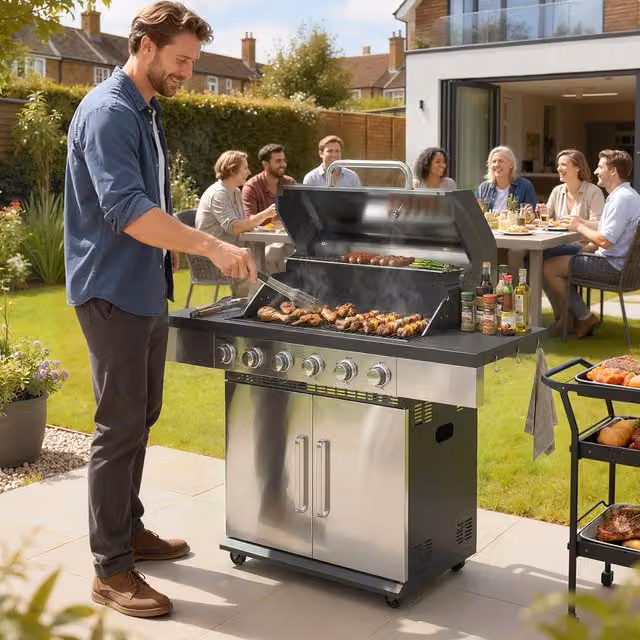 Outsunny Portable 6 Burner Liquid Propane Gas BBQ Grill with Warming Rack and Thermometer, Silver
