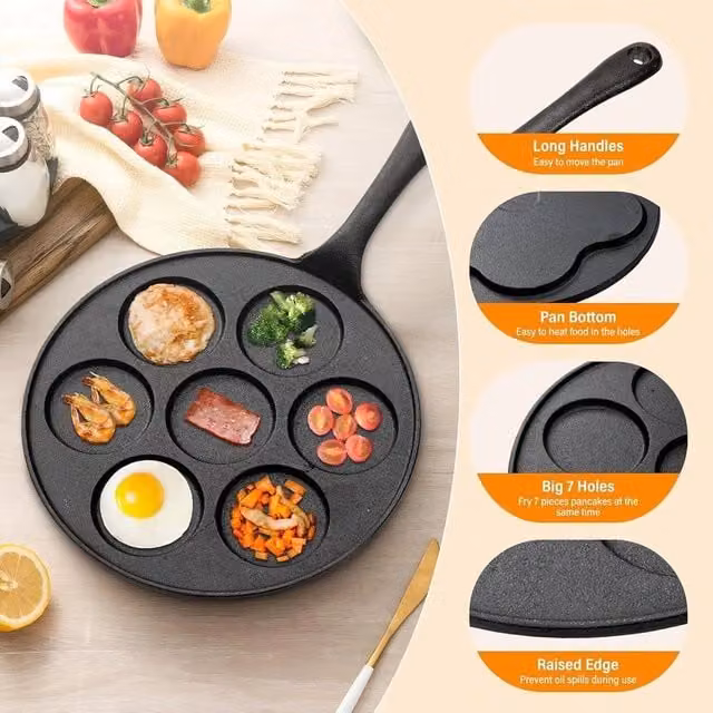 EONLION Black Cast Iron 7 Hole Mini Pancake and Crepe Pan with Long Handle, Diameter: 23 cm