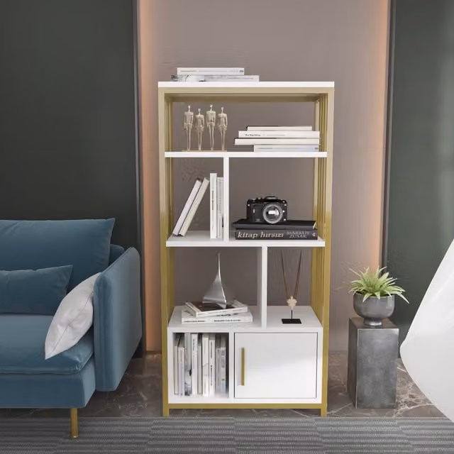 Decorotika Valero 4-Tier Bookcase with Cabinet in White and Gold