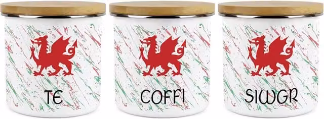 Purely Home Welsh Dragon Tea, Coffee and Sugar Large Airtight Kitchen Canister Set of 3 in Red and Green