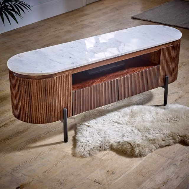 IH Design Luxor Mango Wood TV Cabinet with Marble Top and Metal Legs, Brown, W/D/H: 140 x 40 x 50 cm