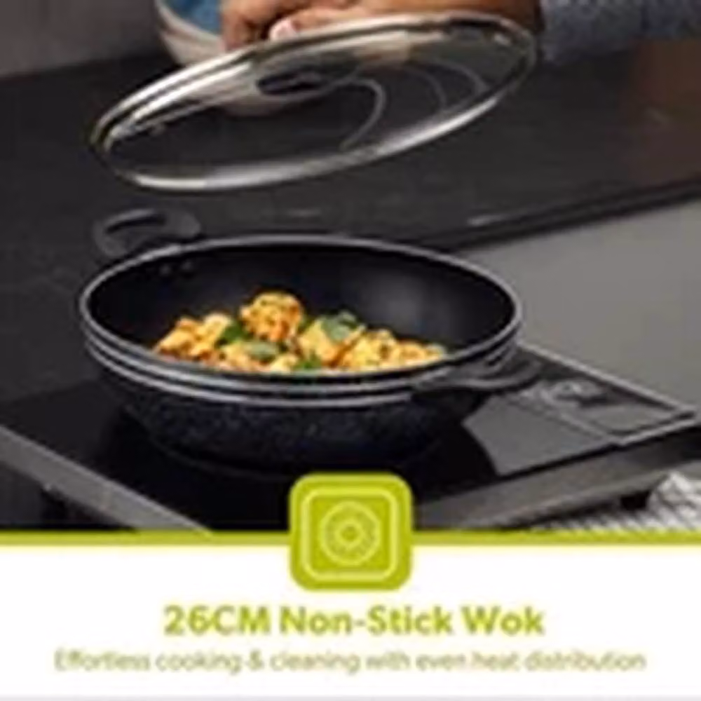 Havendro Non-Stick Induction Wok Pan with Glass Lid, Black, Diameter: 26 cm – 2