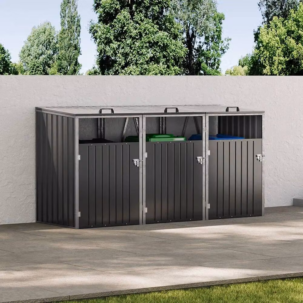 FLAVORA Large Triple Wheelie Bin Metal Storage Store, Grey, W: 100 cm, D: 100 cm, H: 122 cm – 3