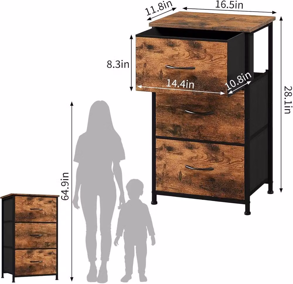 London Boutique Brown Fabric Chest of Drawers with 3 Drawers Bedside Storage Unit W/H: 75 x 40 x 30 cm – 3