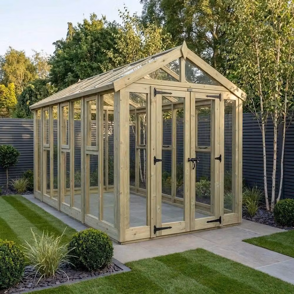 Buttercup Farm Apex Glass Greenhouse in Natural Wood, W/D/H: 426.7 x 213.4 x 210 cm – 2