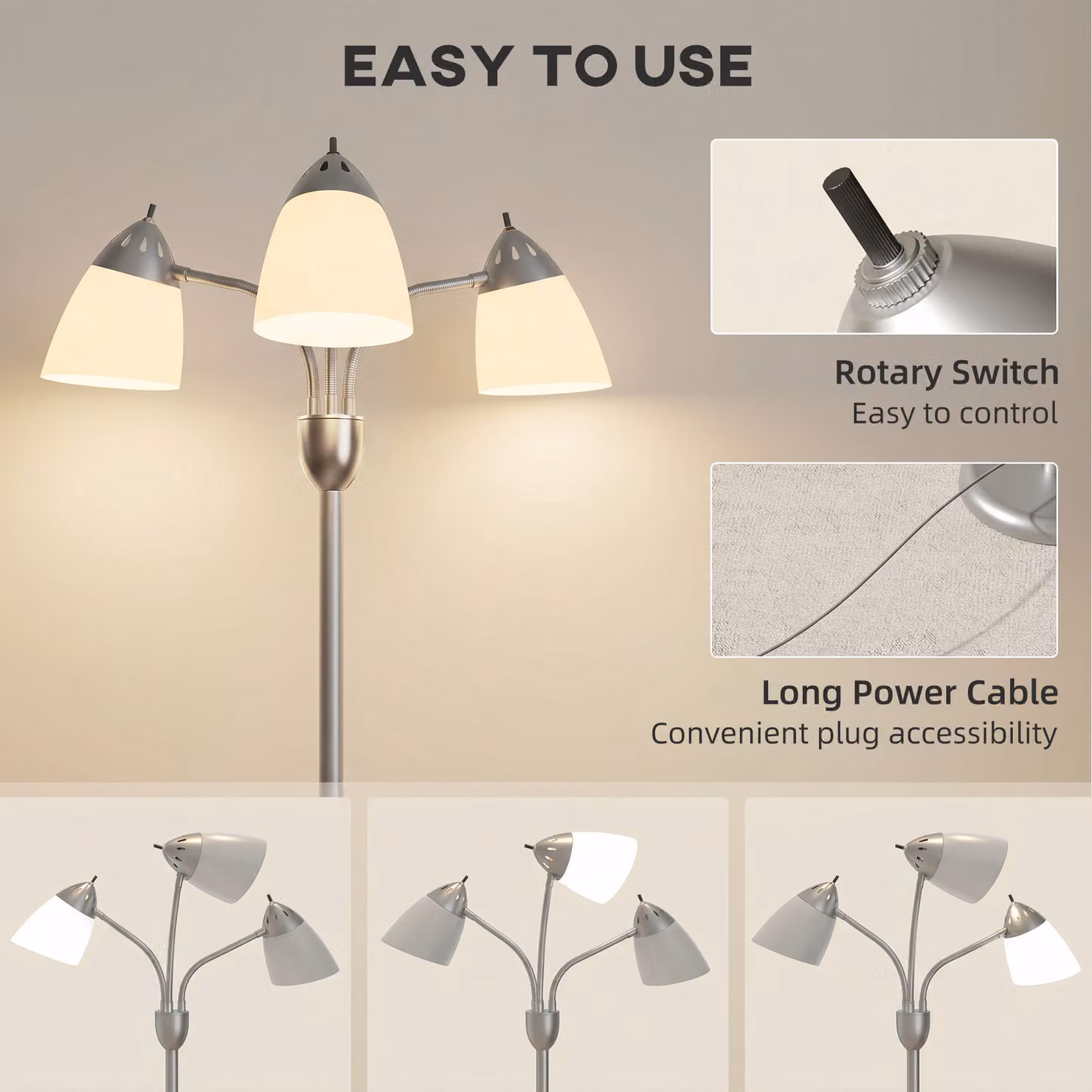 HOMCOM Industrial Arc Tree Floor Lamp with 3 Adjustable Rotating Lights in Silver Tone – 4