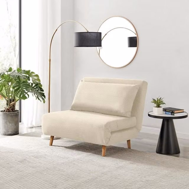 Furniturebox Bobby White Boucle Fabric Single Folding Sofa Bed Chair