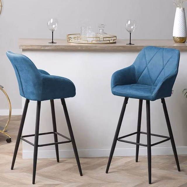 Wyld and Coco Blue Diamond Stitched Bar Stool Set of 2 with Padded Back and Black Metal Frame