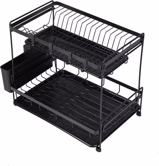 Garden Sanctuary 2 Tier Dish Drying Rack with Drip Tray and Cutlery Holder in Black