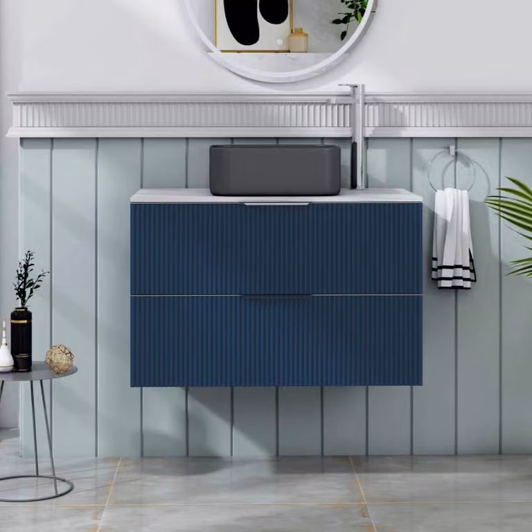 Royal Bathrooms Evora 800mm Midnight Blue Fluted Wall Hung Vanity Unit with 2 Drawers and Art Square Basin