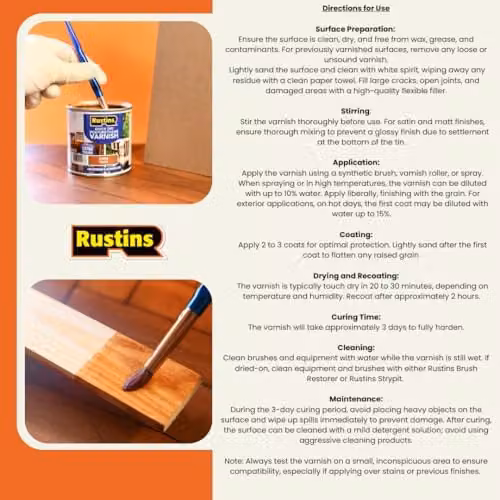 Rustins Quick Dry Polyurethane Varnish Satin Walnut 500ml - Water-Based Brown Wood Finish – 3