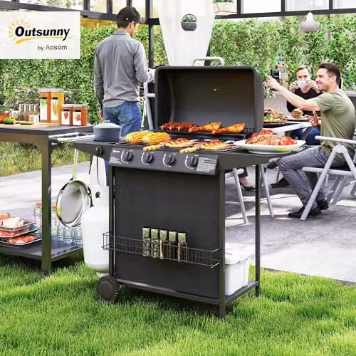 Outsunny 4+1 Burner Propane Gas BBQ Grill with Built-in Thermometer, Side Burner, Warming Rack and Wheels, Black – 2