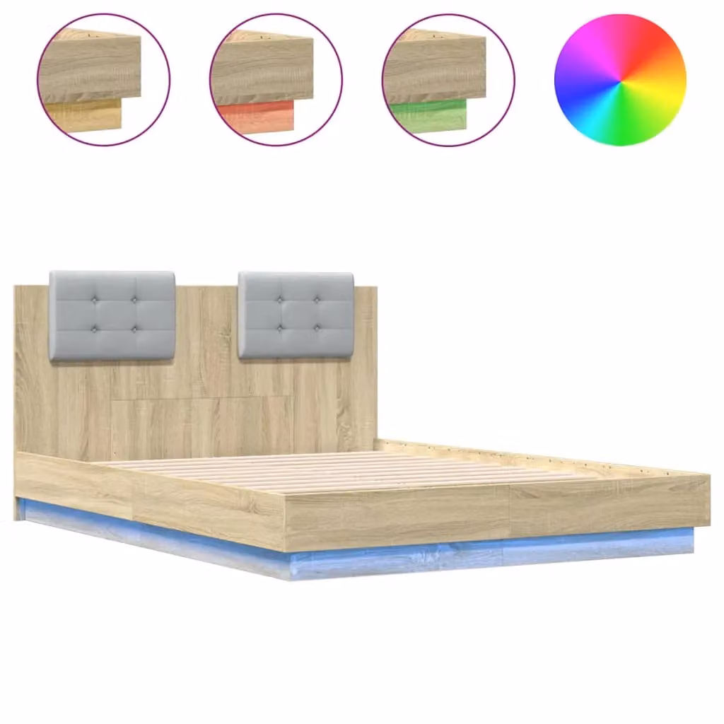 Berkfield Home Small Double Bed Frame with LED Under-Bed Lighting and USB Charging Port, Sonoma Oak, Brown, W/D/H: 120 x 190 cm – 2