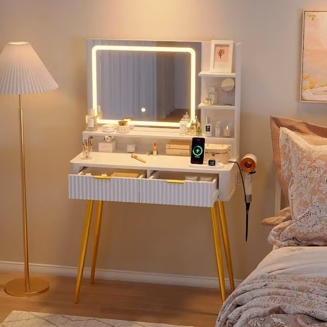 London Boutique Modern Makeup Vanity Desk with LED Mirror and Power Outlet in White and Gold – 1