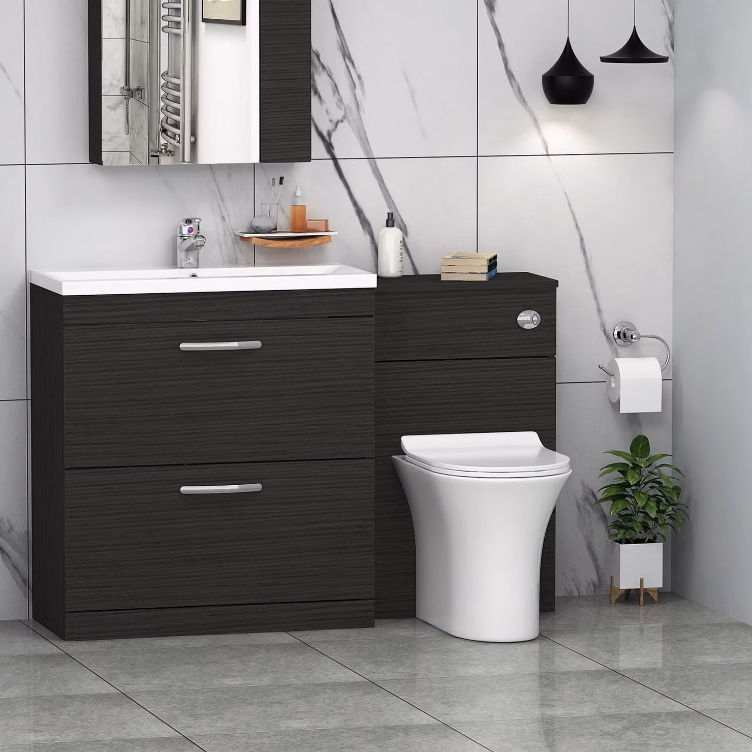 Royal Bathrooms Hale Black 1300mm 2 Drawer Furniture Pack with Mid Edge Basin and Slim Breeze Back to Wall Toilet