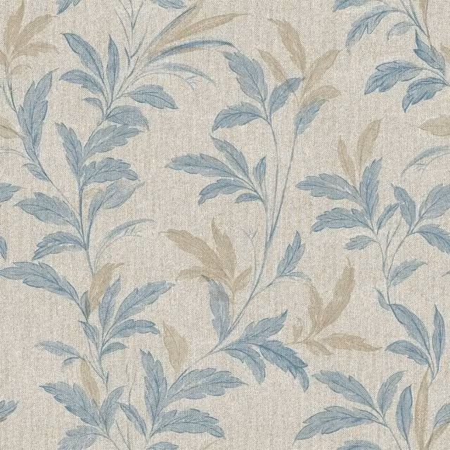 Grandeco Organic Leaf Trail Linen Textured Wallpaper in Blue and Neutral