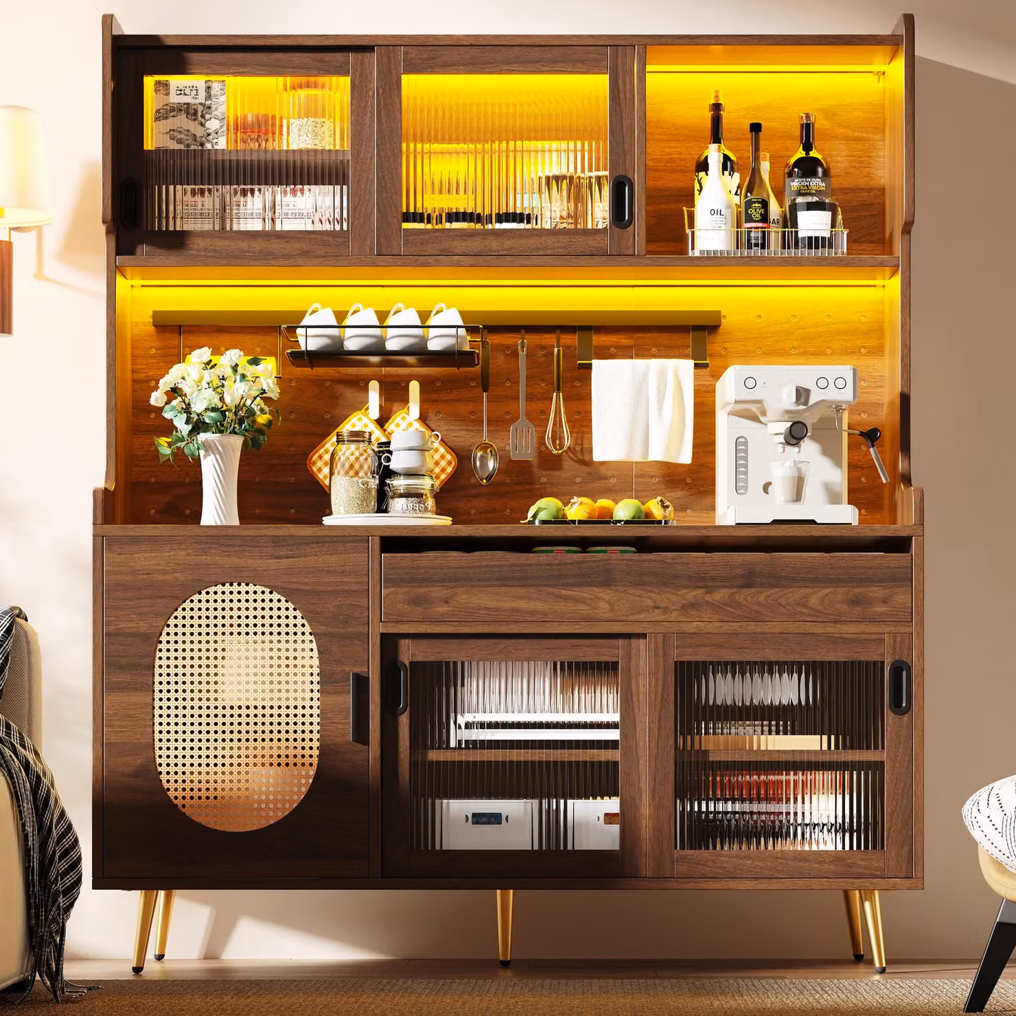 Aosom UK Country Style Sideboard with App-Controlled LED Light Strip, Brown, W: 145 cm, D: 39 cm, H: 171 cm – 6