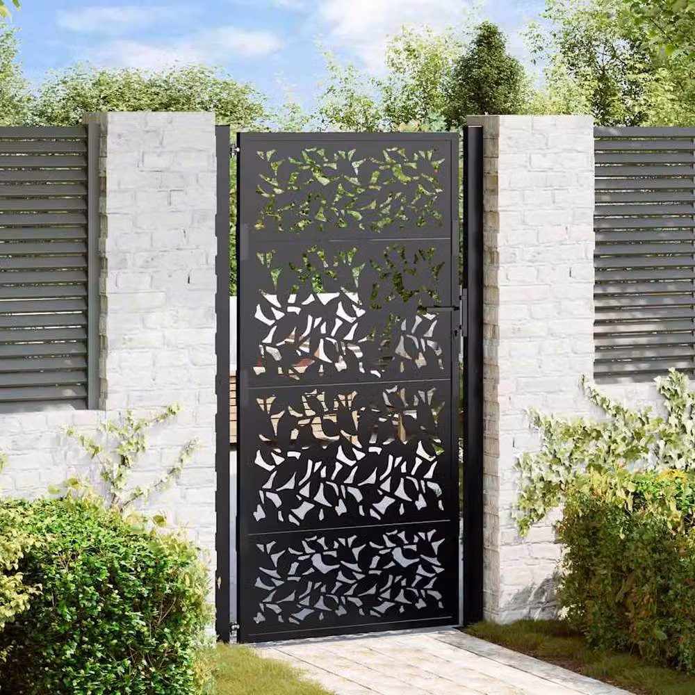 Berkfield Home Black Steel Leaf Design Garden Gate W: 105 cm, H: 180 cm – 2
