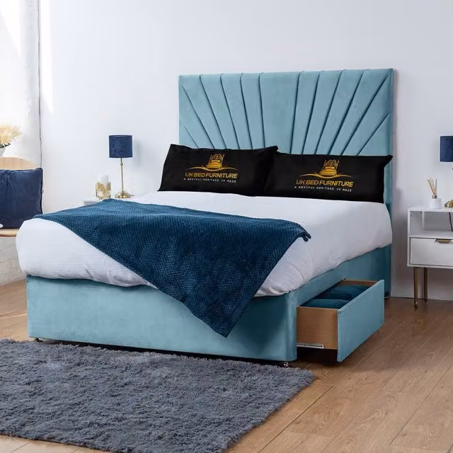 UK Bed Furniture Sunrise Divan Bed with 2 Drawers Same Side and 26 Inch Headboard, Light Blue, Super King, W/D/H: 200 x 200 cm