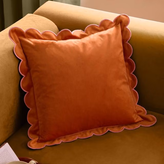 furn. Lil Scallop Velvet Decorative Cushion in Orange and Pink, W/D/H: 45 x 45 x 45 cm