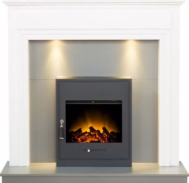 Adam Fires & Fireplaces Honley Built-in Electric Fireplace in White and Grey with Oslo Black Electric Inset Stove, W: 121.92 cm