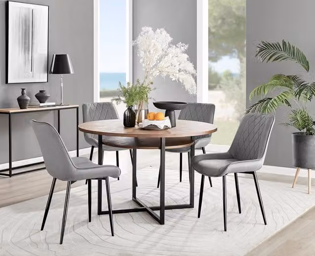 FurnitureboxUK Adley Brown Wood Round Dining Table and 4 Pesaro Grey Velvet Chairs with Black X-Frame Legs – 1