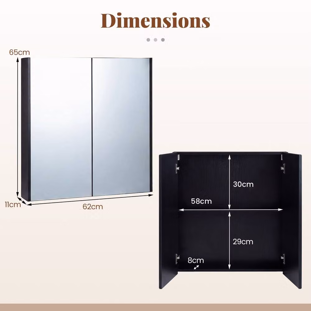 Costway Modern Black Wooden Wall Mounted Bathroom Medicine Cabinet with Mirror and Soft Close Hinged Doors – 2