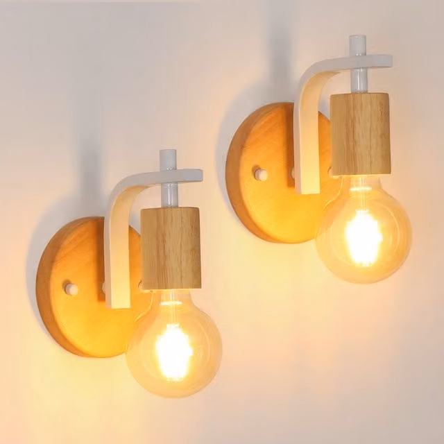 Pheashine Set of 2 White and Brown Wood U-Shaped Wall Sconces with E27 Fitting, Height: 17 cm