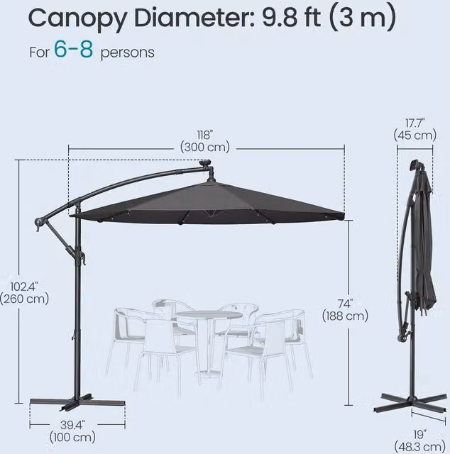 SONGMICS Solar LED Cantilever Garden Parasol in Grey with Polyester Canopy