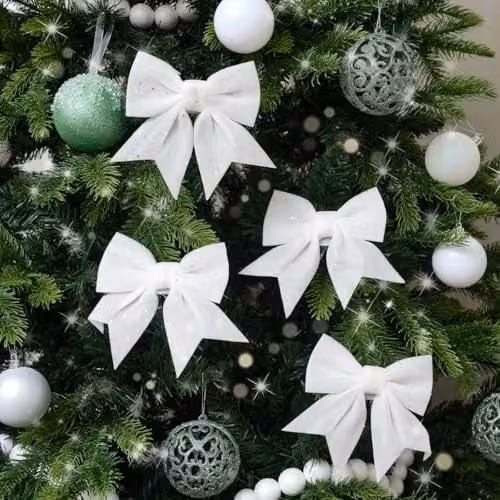 Melody Maison Set of 4 White Glitter Christmas Bow Hanging Pendants