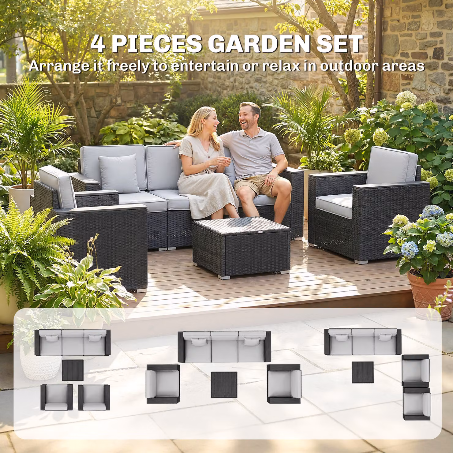 Outsunny 5 Seater Rattan Garden Furniture Set in Grey with Upholstered Cushions and Coffee Table – 5