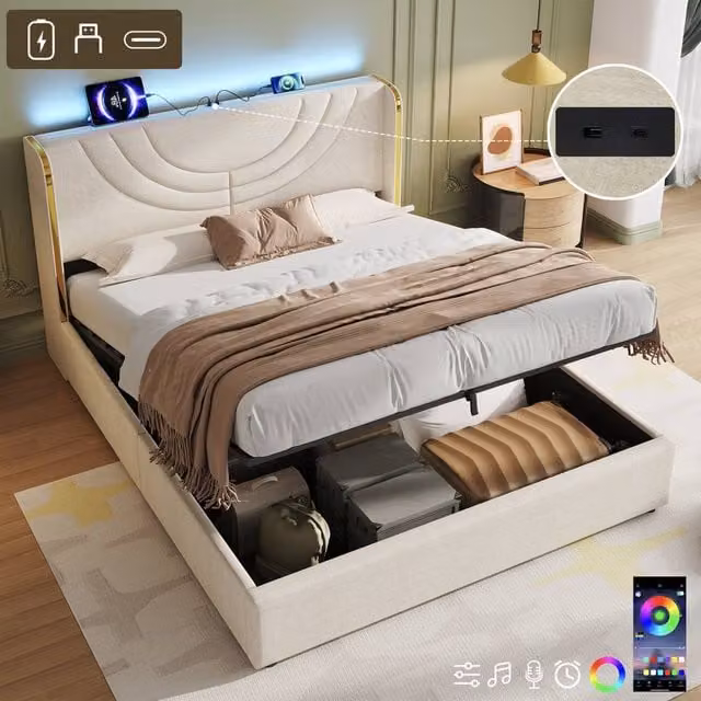 Matteo Double Upholstered Bed Frame in Beige with Hydraulic Storage, LED Headboard and USB Charging Port, W/D/H: 140 x 200 x 108 cm – 1