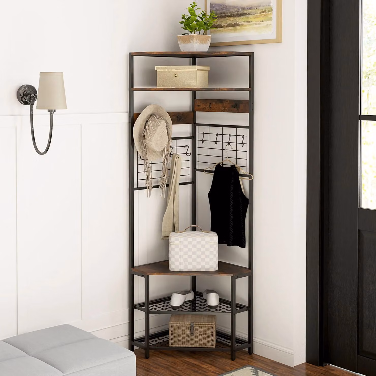 Costway Corner Hall Tree with 5-Tier Coat Rack and Shoe Storage Bench in Brown – 4