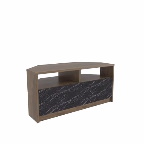 DECOROTIKA Comero Corner Design TV Stand with Two Open Shelves and Dropdown Cabinet, White and Black Marble Effect, W: 100 cm, D: 55 cm, H: 47 cm – 1