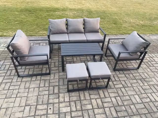 Fimous 7 Seater Modern Aluminium Outdoor Furniture Set in Dark Grey with 3 Seater Sofa, Coffee Table, 2 Armchairs and 2 Ottomans