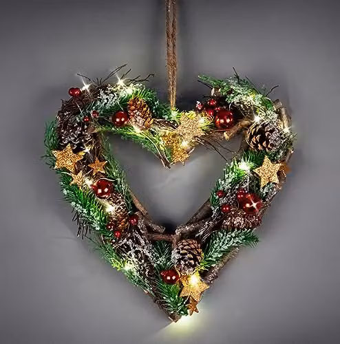 SHATCHI Prelit Heart Wreath Christmas Hanging Decoration with Red Baubles, Berries and LED Lights, Diameter: 30 cm – 2