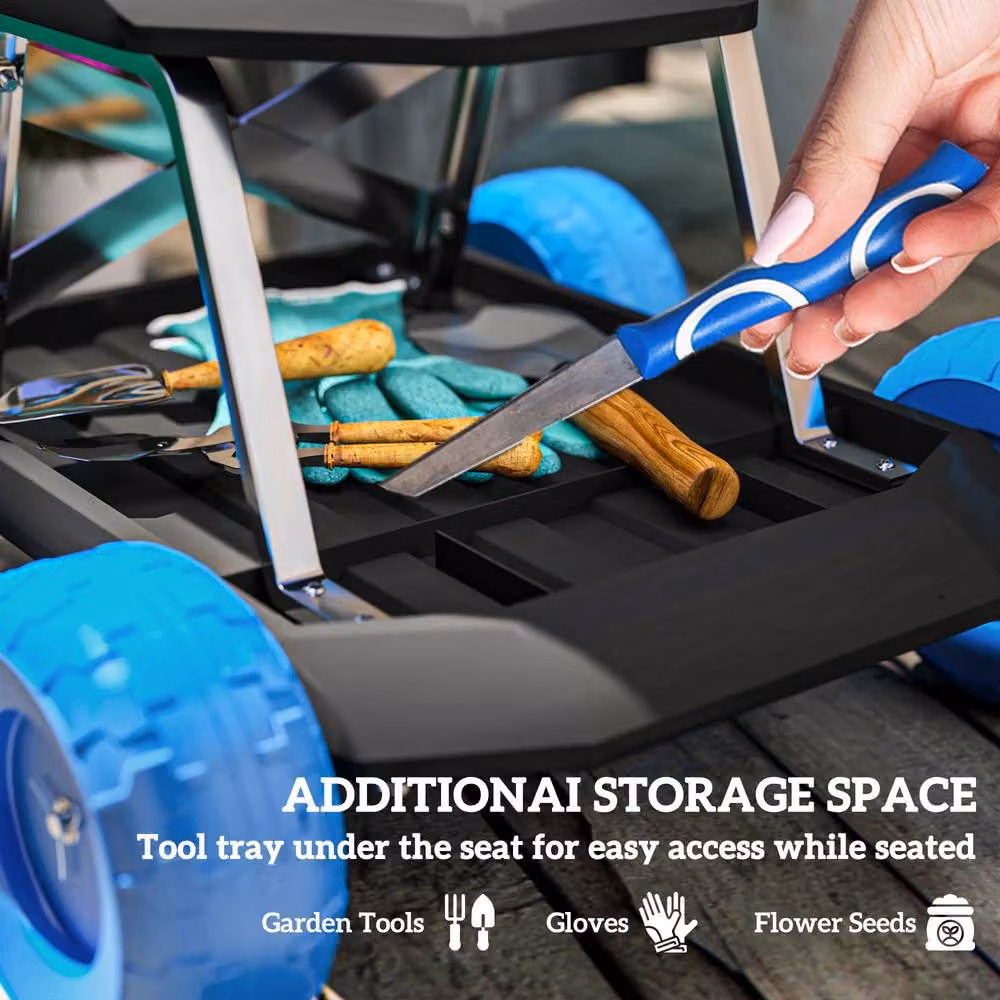 OUTSUNNY Blue Garden Cart with Wheels and Tool Tray for Weeding and Planting – 5