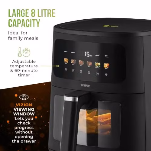 Tower Vortx 8L Digital Air Fryer in Black with Viewing Window and Digital Display – 7