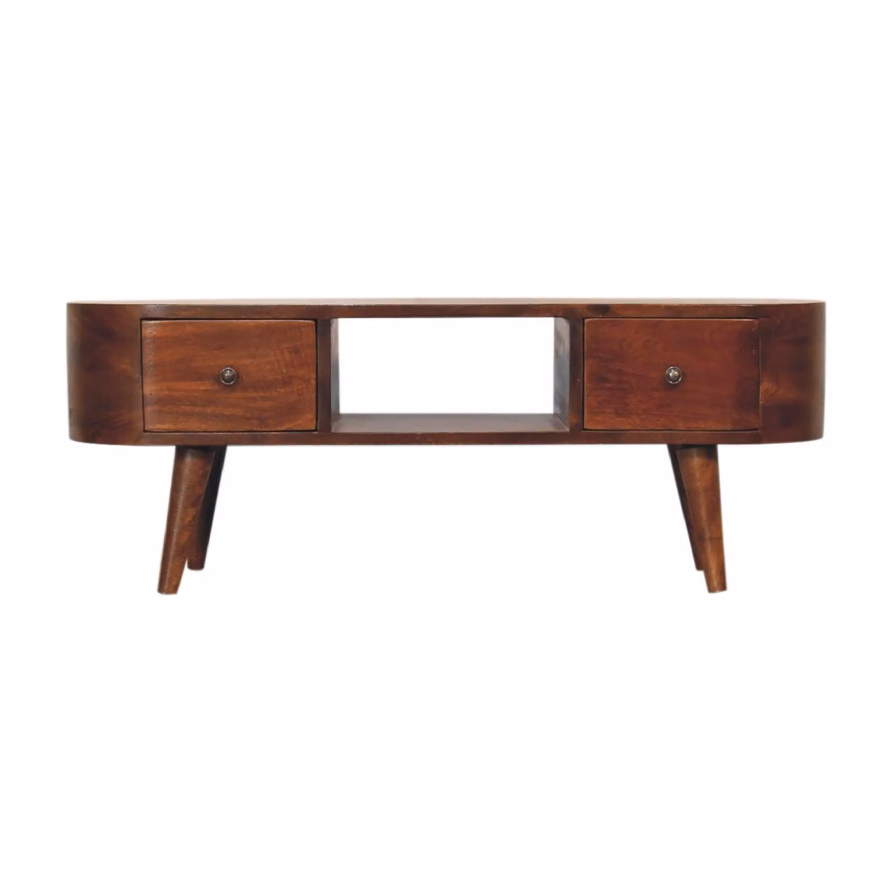 Aosom UK Round Solid Mango Wood Media Unit in Brown with 2 Drawers and Open Shelf, W/D/H: 100 x 30 x 37 cm – 2