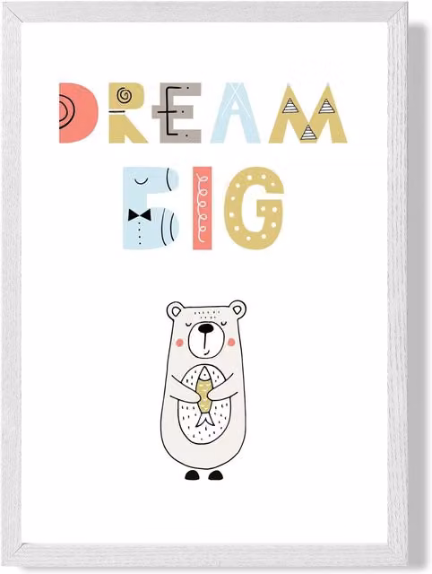 ARTZE Cute Dream Big Bear Scandi Quote Framed Print in Pale Blue with White Frame