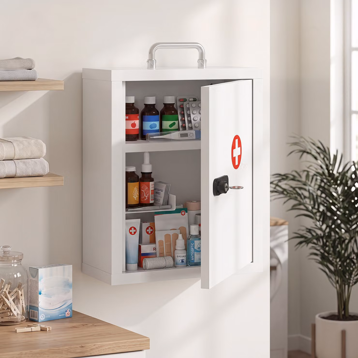 HOMCOM Wall Mounted Metal Medicine Cabinet in White with Combination and Key Lock and Internal Shelves – 2