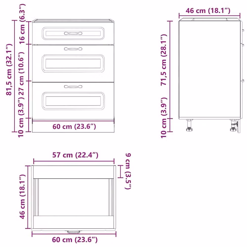 Berkfield Home Kalmar Kitchen Base Cabinet in Concrete Grey Engineered Wood, H 81.5 x W 60.0 x D 46.0 cm – 3