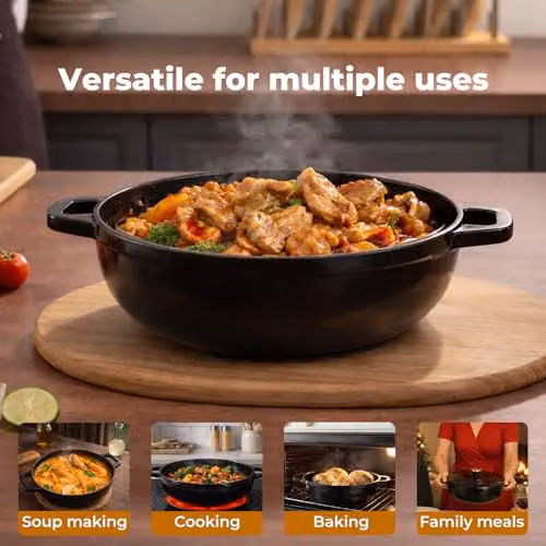 Toque Black Enamelled Cast Iron Dutch Oven Casserole Dish with Self-Basting Lid, Diameter: 30.5 cm – 9