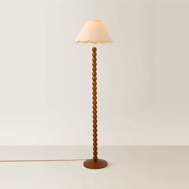 ValueLights Bobbin Colour Trim Linen Bobble Floor Lamp in Brown and Beige with Walnut Wood Trim
