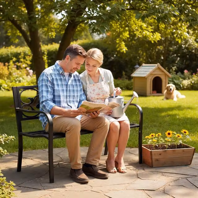 OUTSUNNY Black Metal 2 Seater Garden Bench with Floral Back – 1