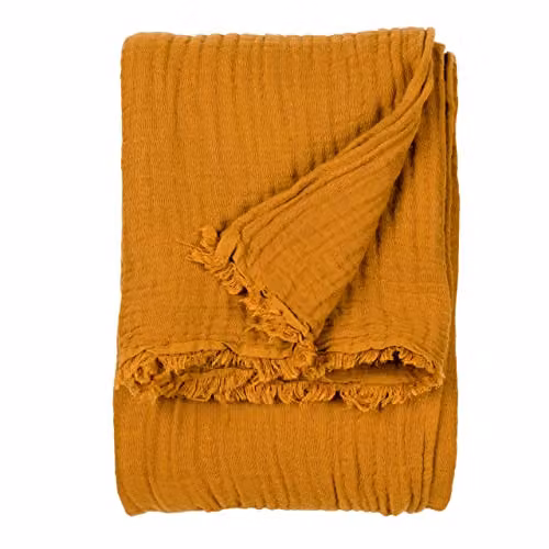Riva Home Cotton Muslin Woven Throw with Fringes in Brown and Orange, W/D/H: 240 x 260 cm – 1