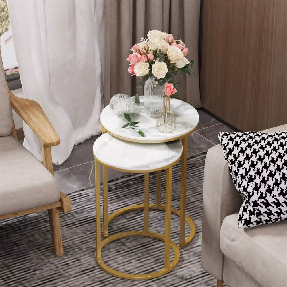 ERGOVEXA Nested Round Coffee Tables with Natural Stone Tops and Gold Metal Frame – 4