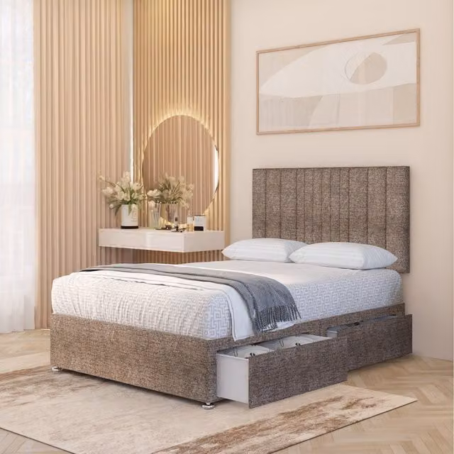 Somnior Beds Ltd Arizona Tweed Fabric Orthopaedic Divan Bed Set with Hybrid Mattress and 32 inch Headboard, Brown, W/D/H: 120 x 200 cm