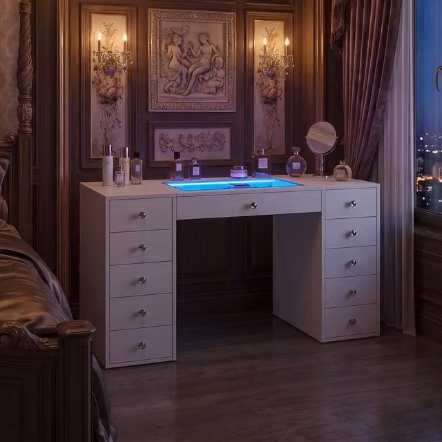 FENCHILIN 11-Drawer Vanity Dressing Table with RGB LED Lights, White, W: 130 cm, D: 55 cm, H: 81 cm – 1